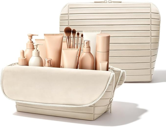 Travel Makeup Organizer Bag with Fold-Down Design and Adjustable Dividers, 27 Pockets & 3 Brush S... | Amazon (US)
