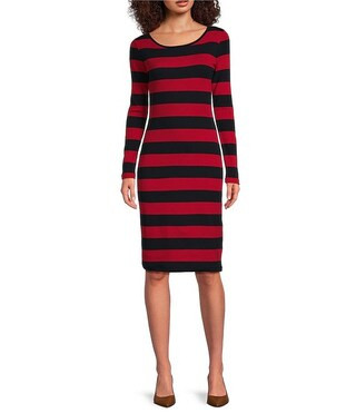 Lauren Ralph Lauren Lileah Stretch Cotton Rib Knit Stripe Print Scoop Neck Long Sleeve Sheath Dre... | Dillard's