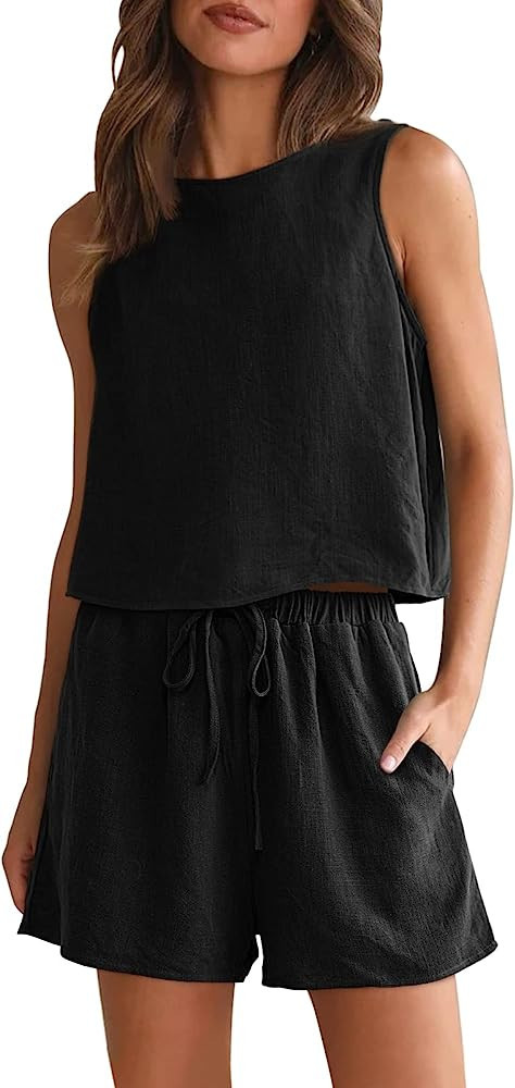 AUTOMET Women 2 Two Piece Outfits Lounge Matching Sets Linen Shorts Crop Tops 2023 Summer Fashion... | Amazon (US)