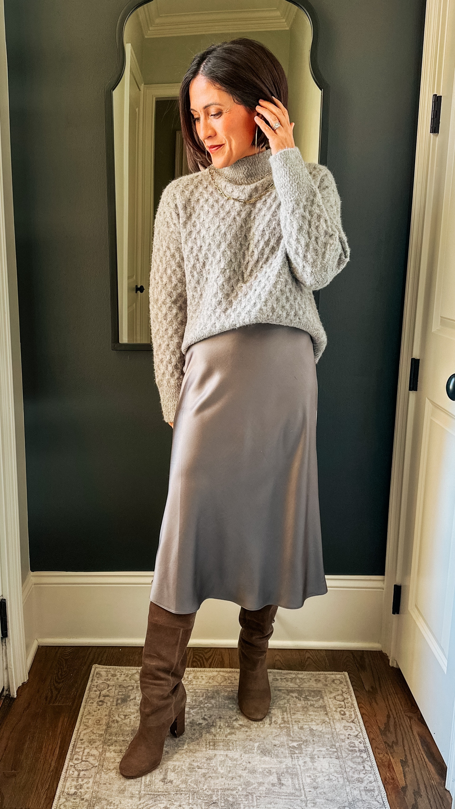 All grey outfit. Neutral outfit. Silk skirt. Silk skirt outfit. Silk skirt style. Midi skirt. Sweater and skirt outfit. Winter style. Winter look  

#LTKSeasonal #LTKover40 #LTKstyletip
