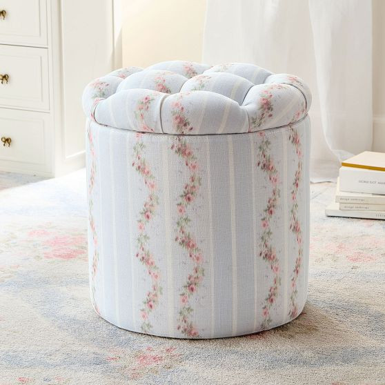 LoveShackFancy Sun Terrace Stripe Blue Tufted Round Storage Ottoman | Pottery Barn Teen