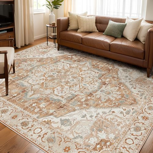 Boho Washable Large Area Rug 8x10 for Living Room Bedroom Office Kitchen Entrance Dining Room Non Slip Soft Low-Pile Deerly Vintage Rug Bohemian Rugs for Farmhouse, Caramel/Beige | Amazon (CA)