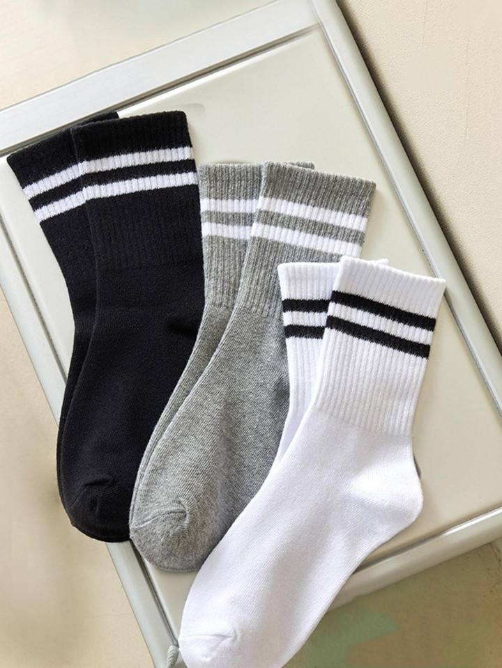 3pairs Unisex Striped Print Casual Crew Socks For Daily Life | SHEIN