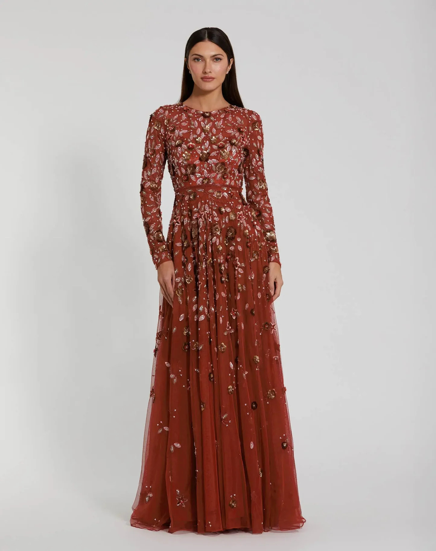 Red Embellished High Neck Long Sleeve A Line Gown - Mac Duggal | Mac Duggal