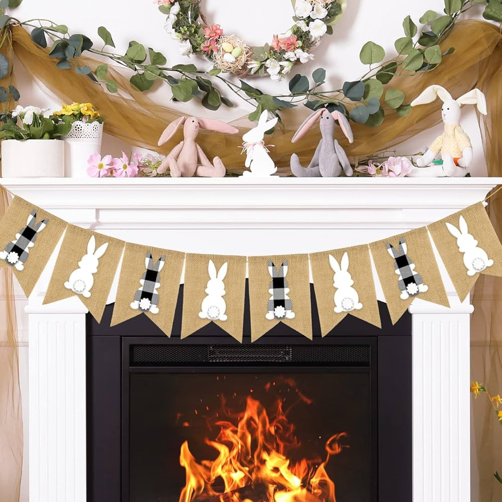 Doumeny Easter Plaid Burlap Banner Buffalo Check Rabbit Bunny Banner Jute White Rabbit Bunting Ga... | Amazon (US)