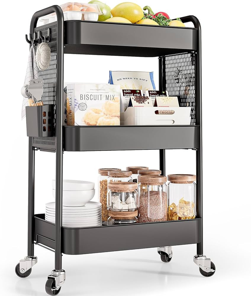 TOOLF 3 Tier Rolling Cart Storage Organizer, Metal Rolling Utility Cart with Wheels, Hooks & Bins... | Amazon (CA)