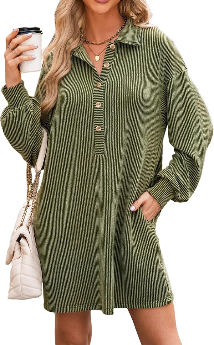 AlvaQ Womens Ribbed Knit Dress | Long Sleeve, Loose, Button Front, Lapel Collared, Mini, with Poc... | Amazon (US)