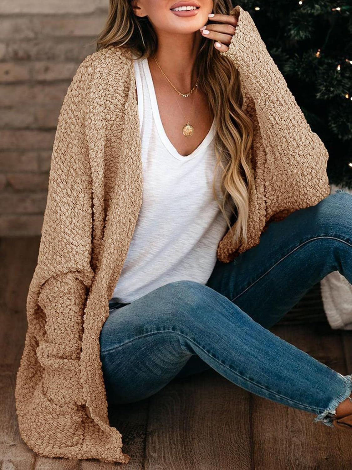 Saodimallsu Women's Chunky Popcorn Cardigan Oversized Open Front Boyfriend Batwing Long Sleeve Fuzzy | Amazon (US)