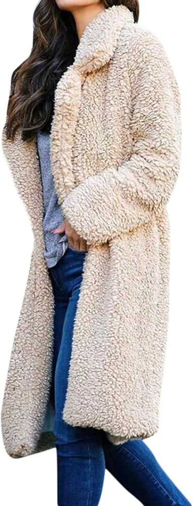Womens Teddy Long Coats Notched Collar Lapel Faux Fur Jacket Open Front Winter Coats Plus Size Wa... | Amazon (US)