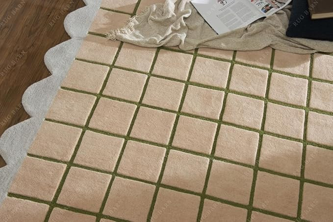 Hand-Tufted Wool Area Rug - 3x5 Ft, Beige & Blush Windowpane Grid with Olive Green Lines & Light ... | Amazon (US)