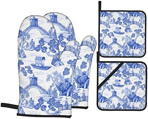 Blue Chinoiserie Pagoda White Oven Mitts and Pot Holders Set of 4, Oven Mittens and Potholders He... | Amazon (US)