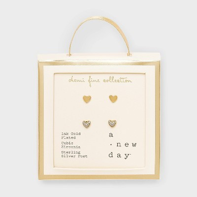 14k Gold Plated Brass Cubic Zirconia Valentines Pave Heart Earrings 2pc - A New Day™ Gold: Stud Design | Target