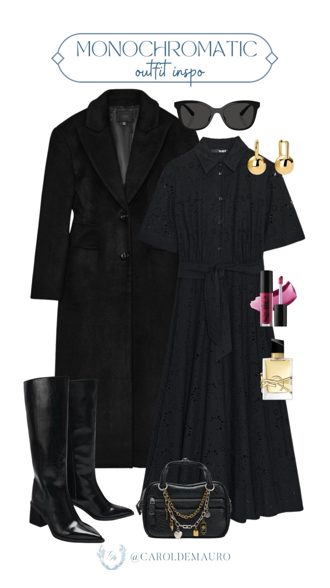 If you're ever in doubt, go monochromatic with a sleek black-on-black aesthetic that’s perfect for a day-to-night transition. This look comes together with a belted dress, cat-eye sunnies, and a chunky gold-chain crossbody bag.

preppy look, classy outfit, elegant style, fashion inspo, petite fashion, all black style, gold accents, old money aesthetic, zara

#LTKBeauty #LTKU #LTKSeasonal