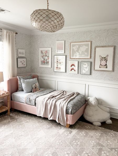 This capiz pendant light and scalloped bedside table are on sale today! Use code SALE for 20% off 🙌🏻

Girl’s bedroom inspo, kid’s bedroom, peel-and-stick wallpaper, gallery wall, Serena & Lily capiz pendant, neutral rug, Anthropologie curtains, floral bedding, pink bed 

#LTKfamily #LTKsalealert #LTKhome