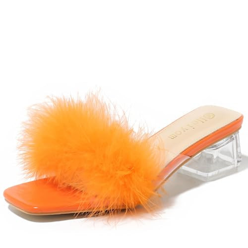 Women's Square Toe Heeled Sandals Low Block Chunky Heels Clear Mules Fluffy Feather Slip on Wedding Bridal Party Dress Shoes Orange 43 US10 | Amazon (US)