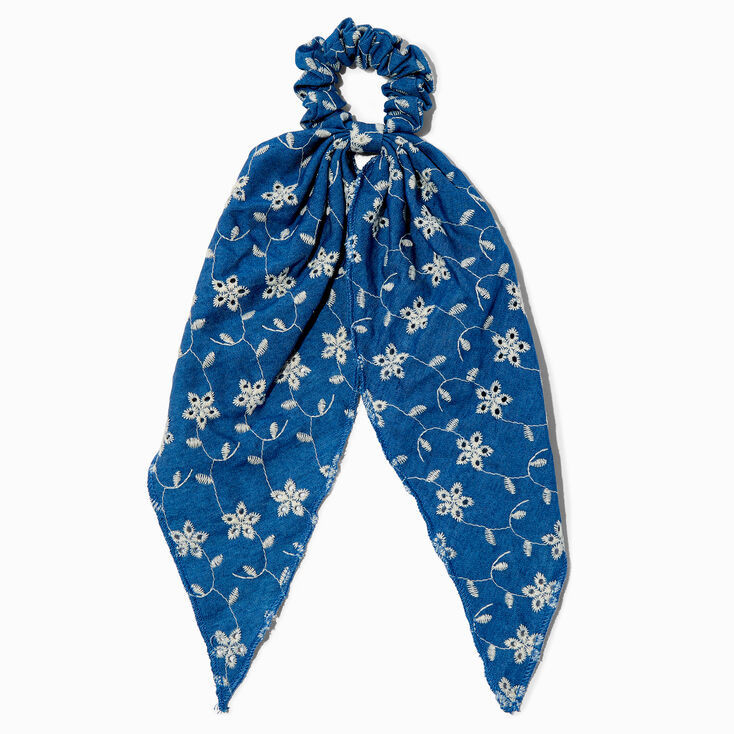 Embroidered Floral Denim Hair Scrunchie Scarf | Claire's (US)