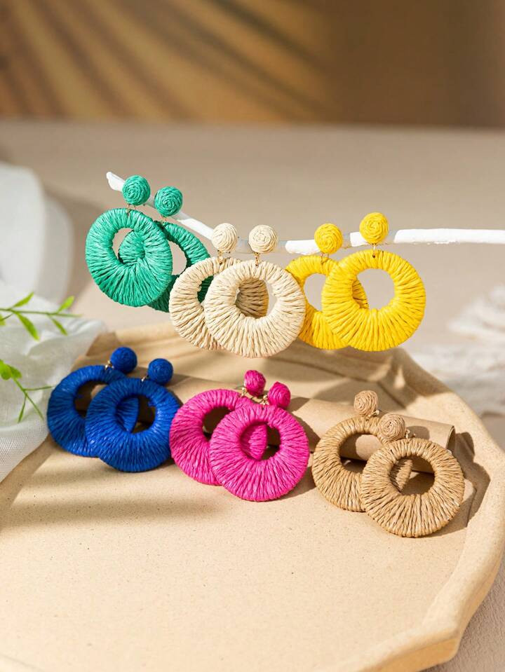 1pair Bohemian Style Colorful Raffia Hand-Woven Threaded Hollow Round Earrings For Women's Vacation | SHEIN