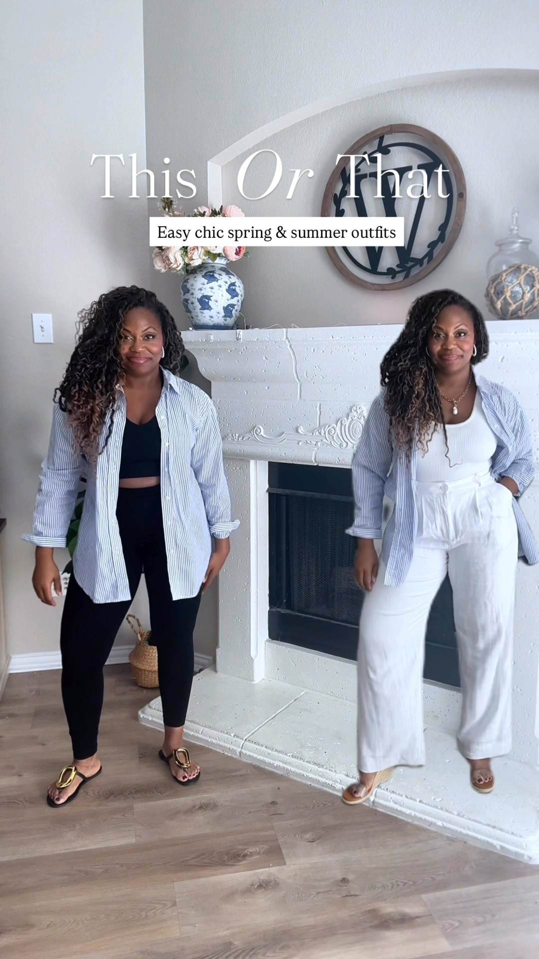 This or That?

Easy classy spring outfit ideas featuring a black leggings and tank set, black sandals, oversized, striped button down, wide leg, high-rise, white trousers, and bra, less ribbed tank top with wedge sandals  