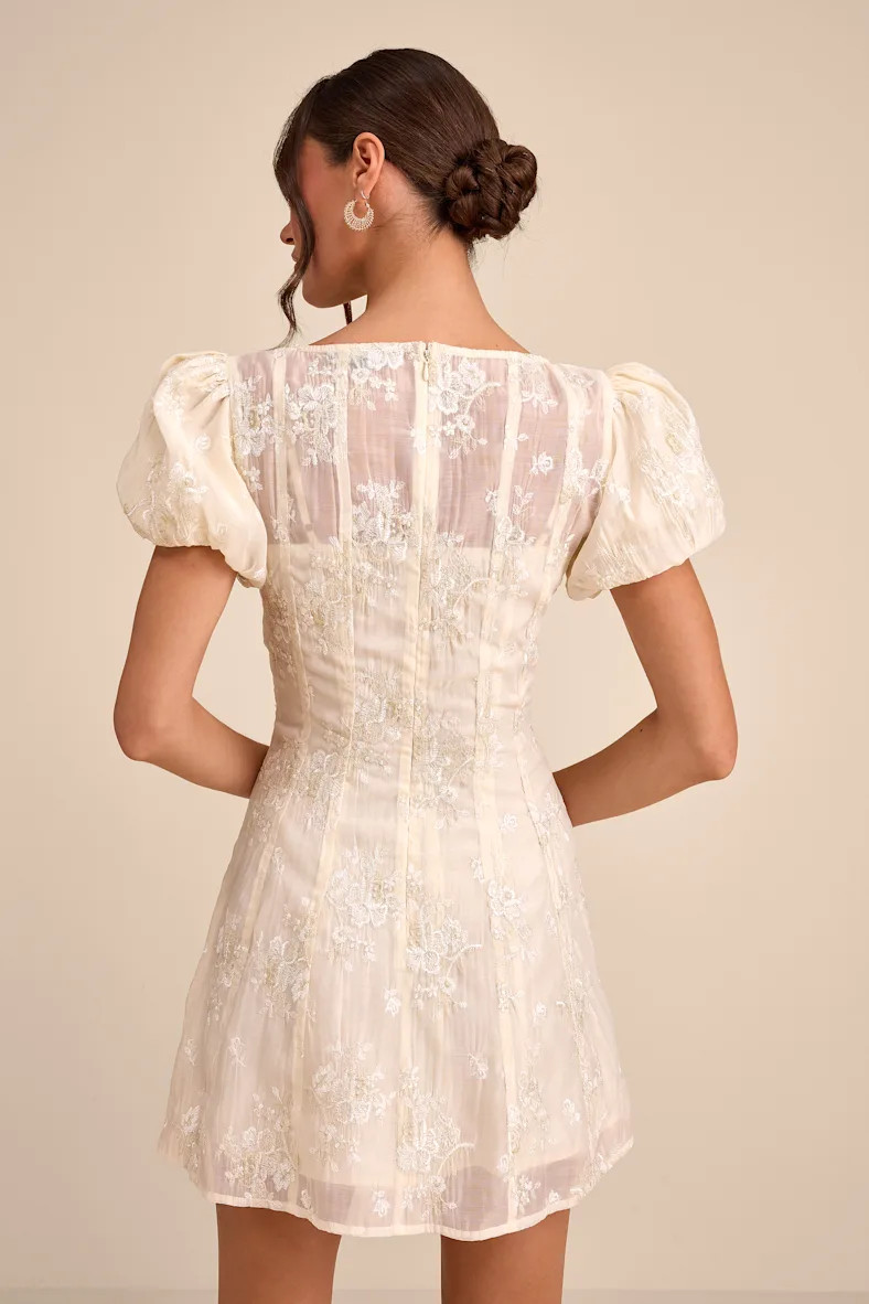 Elfrieda Cream Embroidered Puff Sleeve Mini Dress | Lulus