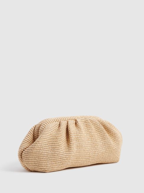 Reiss Neutral Delilah Raffia Ruched Clutch Bag | Reiss UK