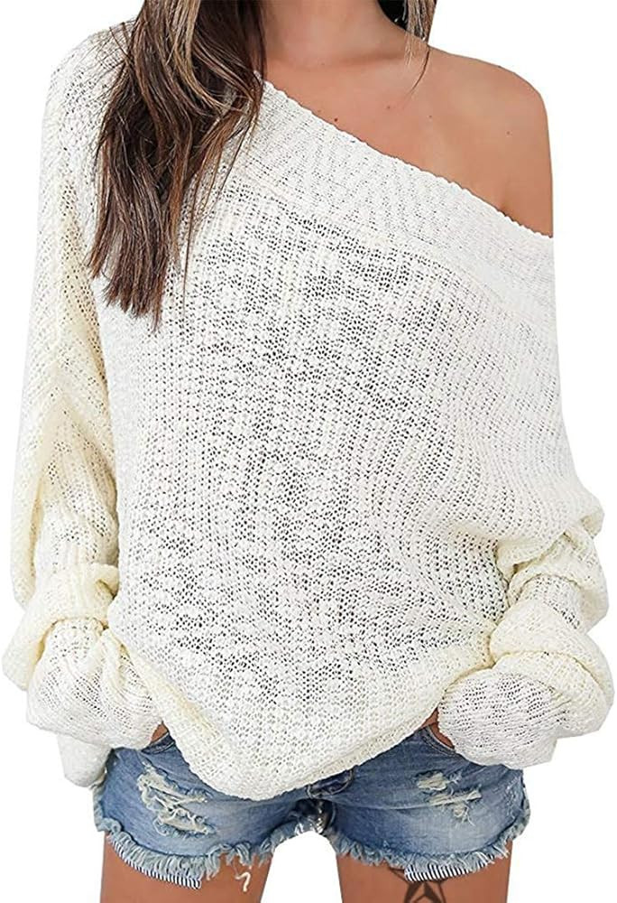 Women's Off Shoulder Sweater Batwing Sleeve Loose Oversized Pullover Knit Jumper | Amazon (US)