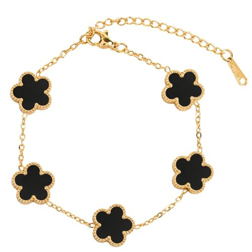 Snyxdrae Women's Four-Leaf Clover Bracelet Hypoallergenic Stainless Steel 18K Gold Plated Adjustable Lucky Clover Bracelet four leaf clover jewelry (Black Clover Bracelet) | Amazon (US)