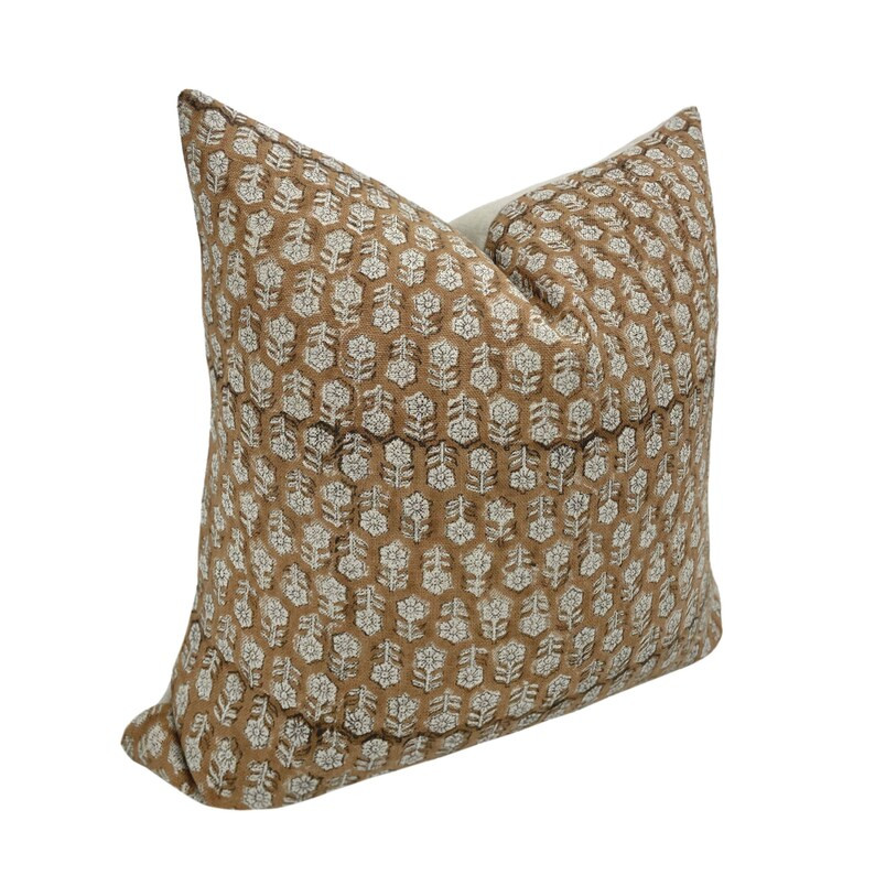 VIENNA || Designer Floral Linen Pillow Cover, Brown Caramel Pillow, Block Print Pillow, Block Lin... | Etsy (US)