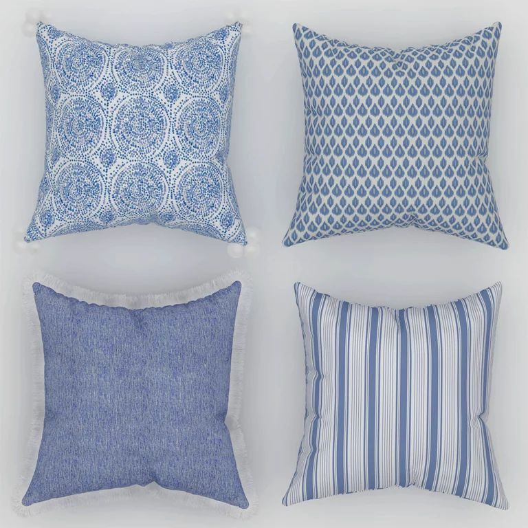 Coordinating Decorative Throw Pillow Covers, Square, 18" x 18", Blue, Set of 4, Chambray and Geom... | Walmart (US)