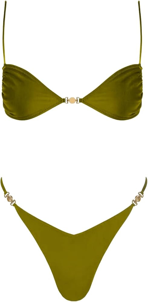 VOLAFA Women's Triangle Bikini Set Tie Solid Sexy Thong Cheeky Two Piece Swimsuit Bathing Suit | Amazon (US)
