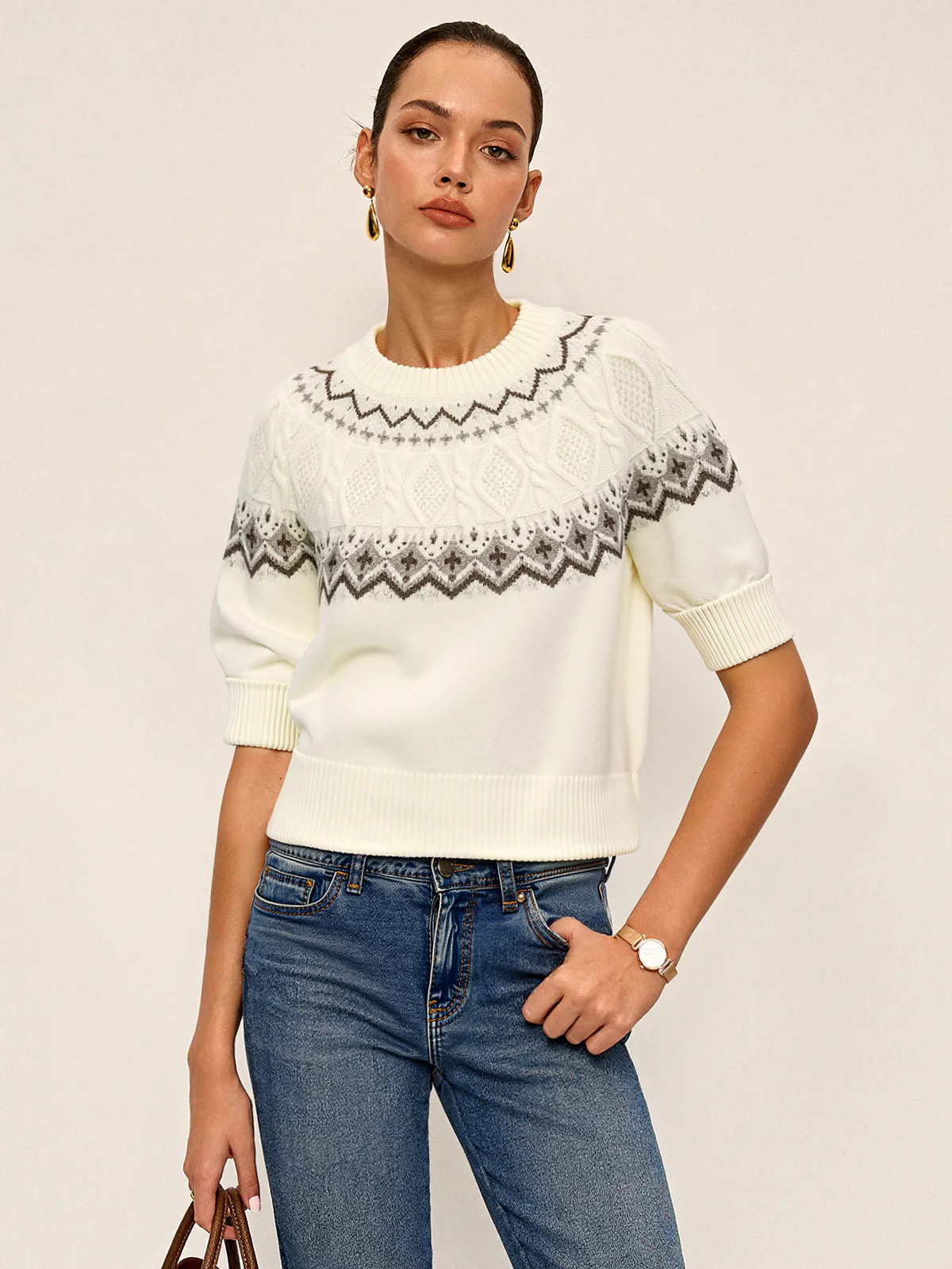Fair Isle Pattern Short Sleeve Knit Top | Commense