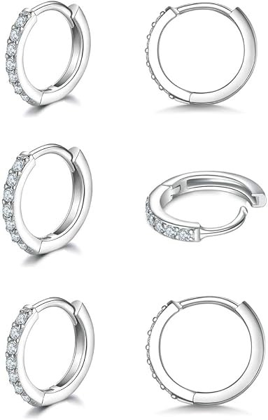 3 Pairs 925 Sterling Silver Small Hoop Earrings for Women Men | Amazon (US)