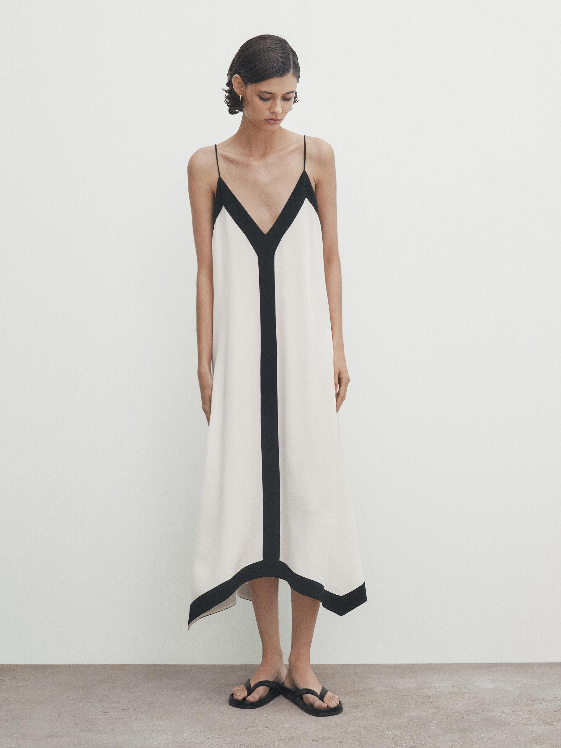 Strappy dress with contrast V-neck | Massimo Dutti US
