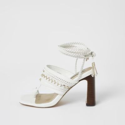 White toe loop plaited lace-up ankle heels | River Island (UK & IE)