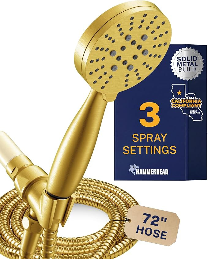 HammerHead Showers® Solid Metal 3-Spray Handheld Shower Head with Long Hose and Holder - BRUSHED... | Amazon (US)