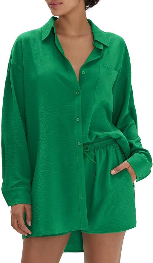 AMIMIV Womens 2 Piece Outfits Long Sleeve Button Down Shirts High waist Drawstring Shorts Tracksu... | Amazon (US)