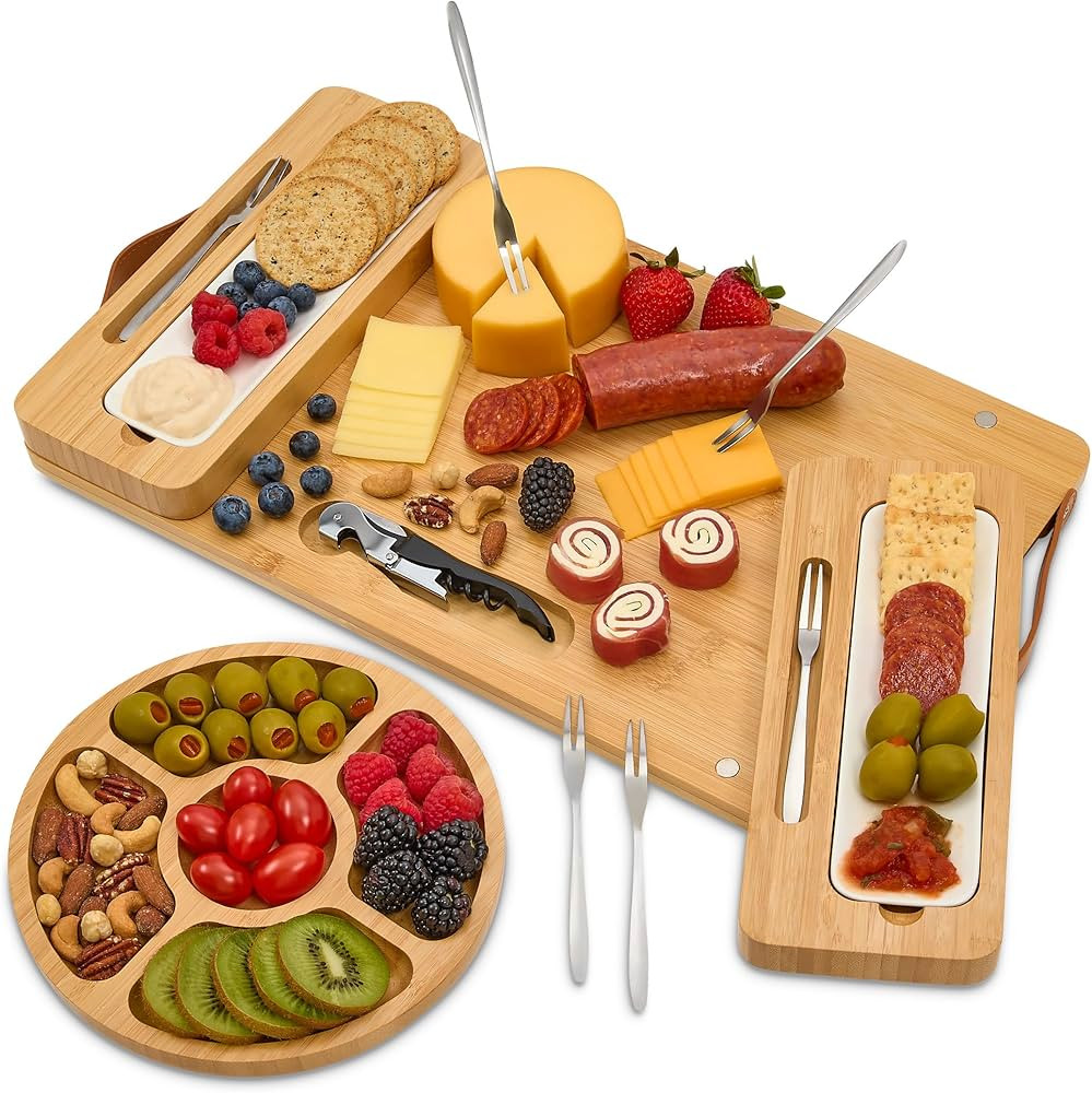 Bamboo Cheese Board Set - Charcuterie Boards Serving Platter - Magnetic Removable Side Boards - G... | Amazon (US)