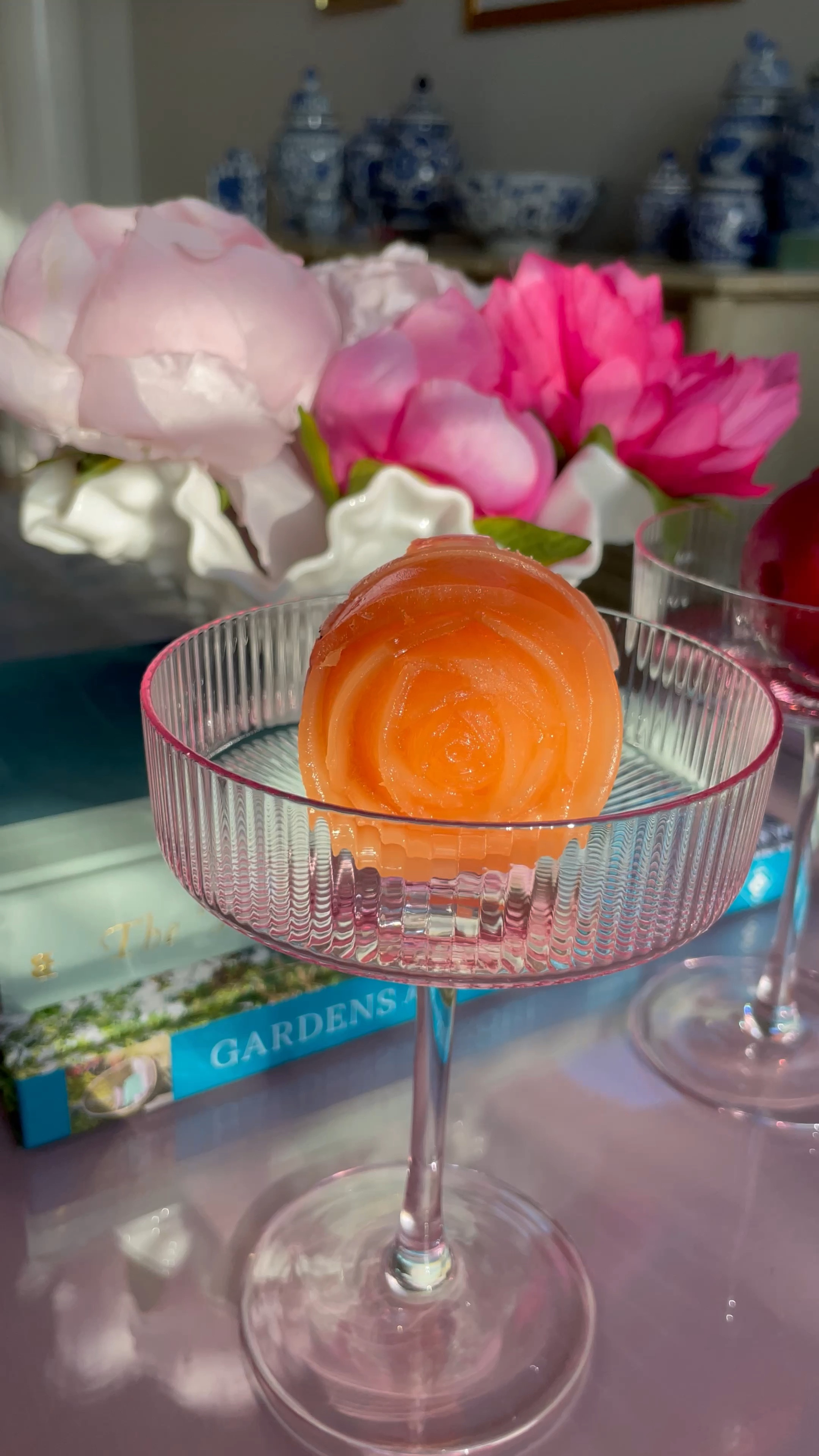 Rose floral ice molds and pink rubbed coupe glasses for the most beautiful mimosas! 