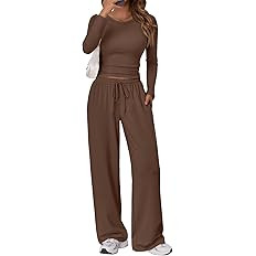 Trendy Queen Women's 2 Piece Matching Lounge Set Long Sleeve Slightly Crop Top Wide Leg Pants Cas... | Amazon (US)