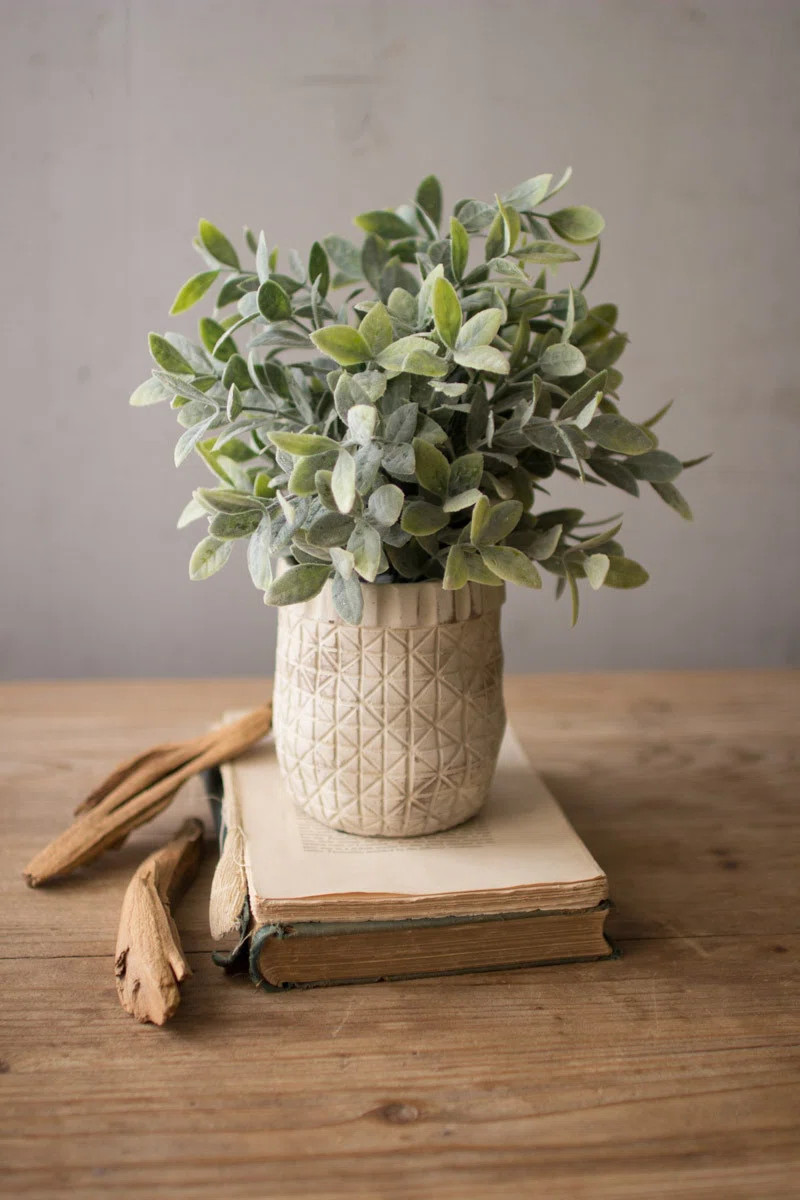 10.25" Artificial Sage Plant in Criss Cross Rustic White Pot | Wayfair North America