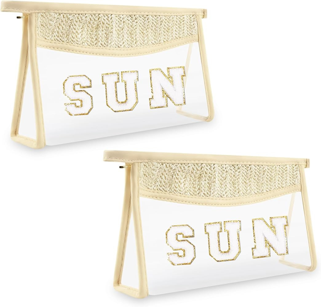 Iqimott 2Pcs Preppy Patch Sun Bag Makeup Letter Bag, Boho Letter Sun Bags for Beach Swim, Waterproof Zipper Make up Bags Toiletry Pouch for Women Girls, Clear Transparent Pouch for Travel(Sun) | Amazon (US)