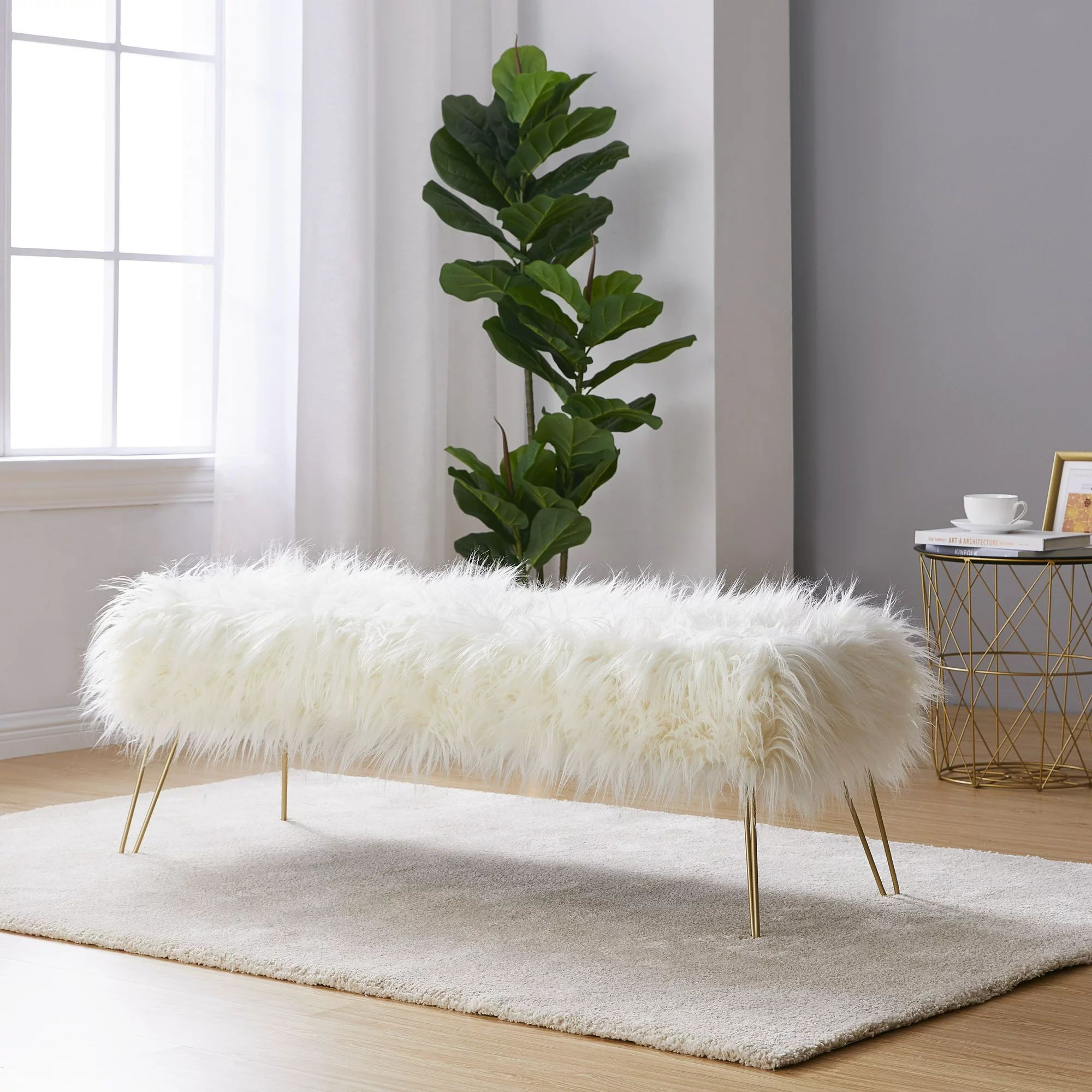 OH Modern Contemporary Faux Fur Long Bench Ottoman Foot Rest Stool/Seat with Gold Metal Legs - 15... | Walmart (US)