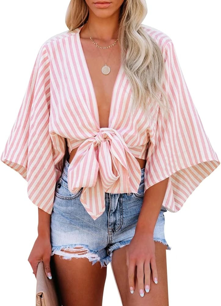 Dokotoo Womens Sexy Casual Striped Tie Knot Front Crop Tops Deep V Neck Stripe Top Tie Top Pink Top | Amazon (US)
