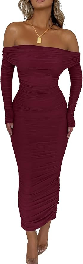 PRETTYGARDEN Women's Fall Off The Shoulder Maxi Dress Spring Long Sleeve Ruched Fitted Bodycon Cl... | Amazon (US)