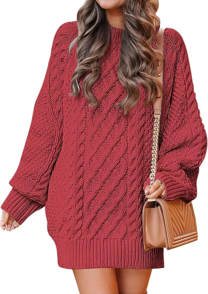 ANRABESS Women Long Sleeve Oversized Cable Knit Chunky Baggy Loose Pullover Tunic Mini Sweater Dr... | Amazon (US)