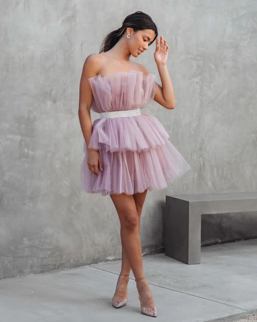Beauty Queen Strapless Tiered Tulle Embellished Mini Dress - Dusty Lavender - SALE | VICI Collection