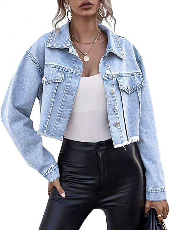 PEHMEA Women's Frayed Raw Hem Washed Button Up Cropped Denim Jacket | Amazon (US)