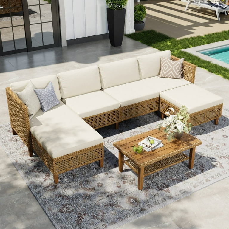 Alpha Joy 5 Pieces Wicker Patio Furniture Conversation Set Boho Style Outdoor Sofa with Wood Coff... | Walmart (US)