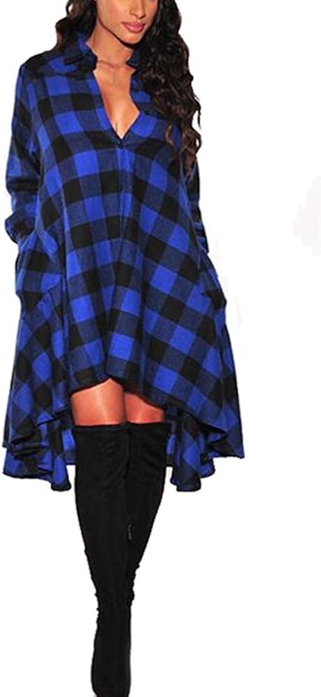 olrain Womens Plaids V Neck Long Sleeve Irregular Hem Casual Shirt Dress | Amazon (US)