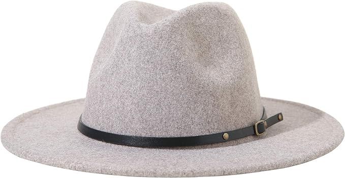 Lanzom Women Lady Classic Wool Fedora Hat with Belt Buckle Felt Wide Brim Panama Hat | Amazon (US)