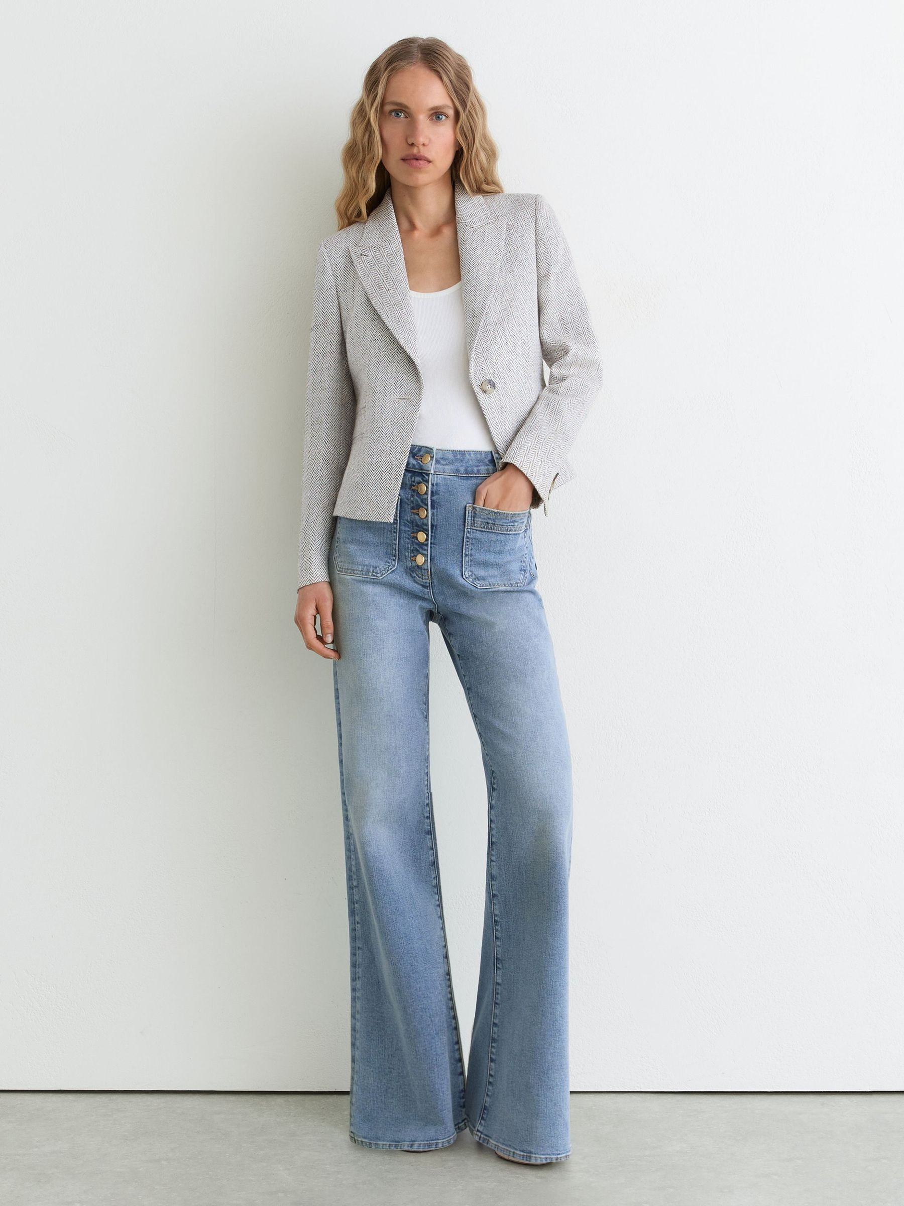 Reiss Twin-Pocket Button Flared Jeans in Light Blue | REISS | Reiss DE